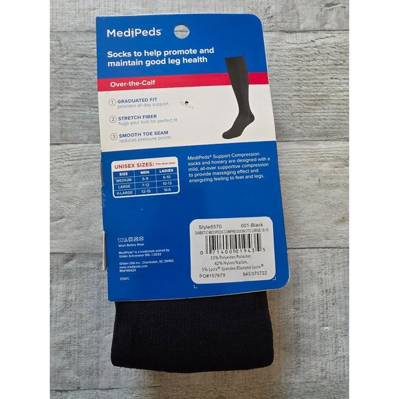 MediPeds Mens Over-The-Calf Compression Socks Large 2 Pair Black - Picture 2 of 3